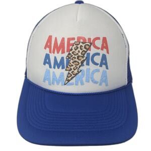 OTTO America Leopard Lightning Bolt Trucker Hat Blue White Snapback OSFM